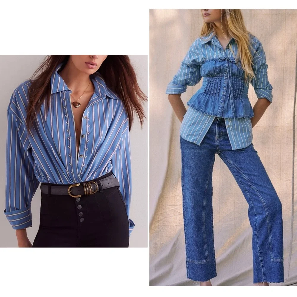 FREE PEOPLE We The Free Striped Varsity Vibes Shirt / Blue Combo - Picture 3 of 15